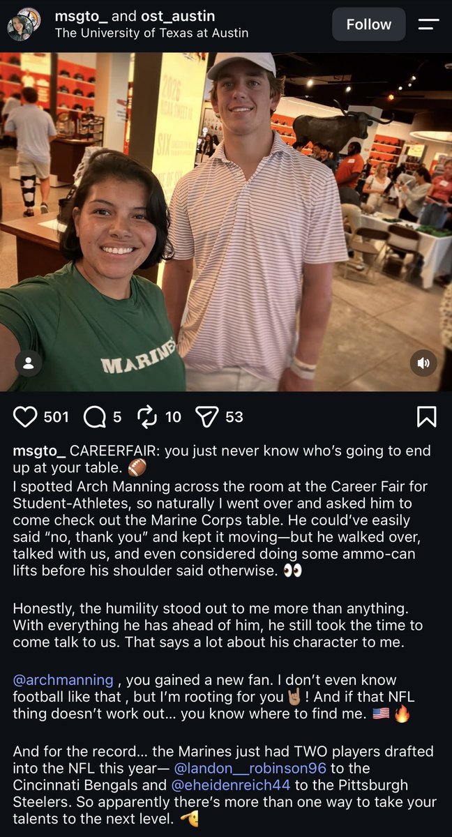 tbhorka's tweet photo. Pretty cool anecdote connected to Arch Manning from msgto_ on Instagram.

There isn’t anyone the Texas QB won’t stop what he’s doing to give the time of day. https://t.co/qshWyZjGIy