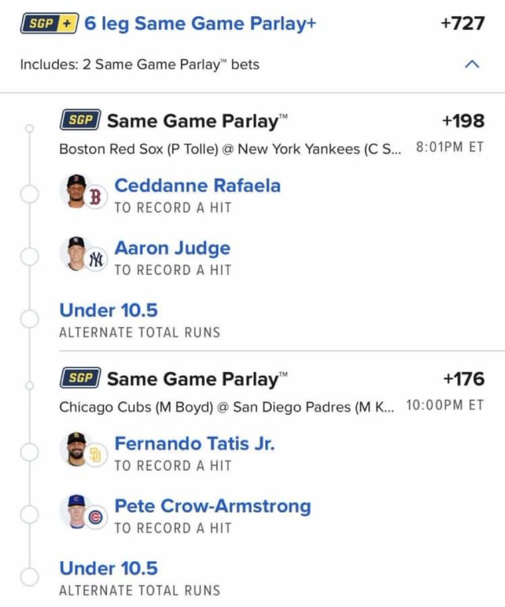 BigSoloWinpid's tweet photo. 🔥 6-LEG SAME GAME PARLAY+ 🔥

⚾ Red Sox vs Yankees
• Ceddanne Rafaela — 1+ Hit
• Aaron Judge — 1+ Hit
• Under 10.5 Runs

⚾ Cubs vs Padres
• Fernando Tatis Jr. — 1+ Hit
• Pete Crow-Armstrong — 1+ Hit
• Under 10.5 Runs

💰 +727

#MLB #MLBBets #SportsBetting #Baseball #Parlay #MLBPicks #RedSox #Yankees #Cubs  #Padres

CLICK THE LINK BELOW TO JOIN MY FREE TELEGRAM GROUP FOR VIP BANG👇

https://t.co/PfUdadXpaU