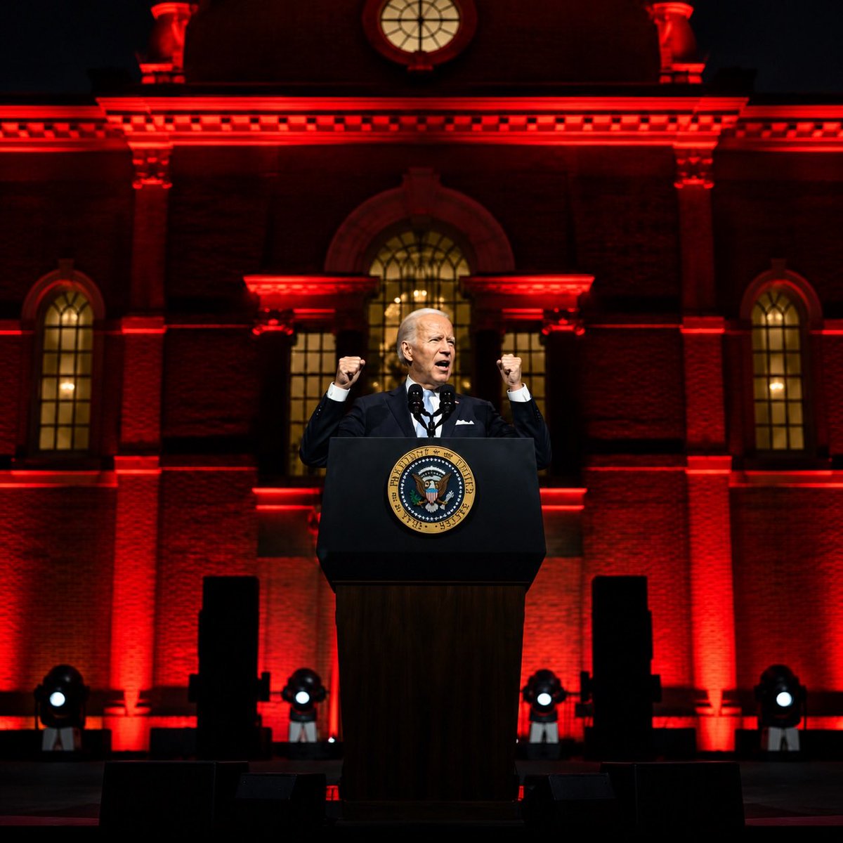 GuntherEagleman's tweet photo. Remember that red lit Philadelphia speech? I do.  

Joe Biden stood there and painted millions of MAGA Republicans as extremists and a threat to democracy. 

That happened. He said it out loud, on national television. 

Never forget how ugly political rhetoric can get when one side decides ordinary Americans are the enemy.