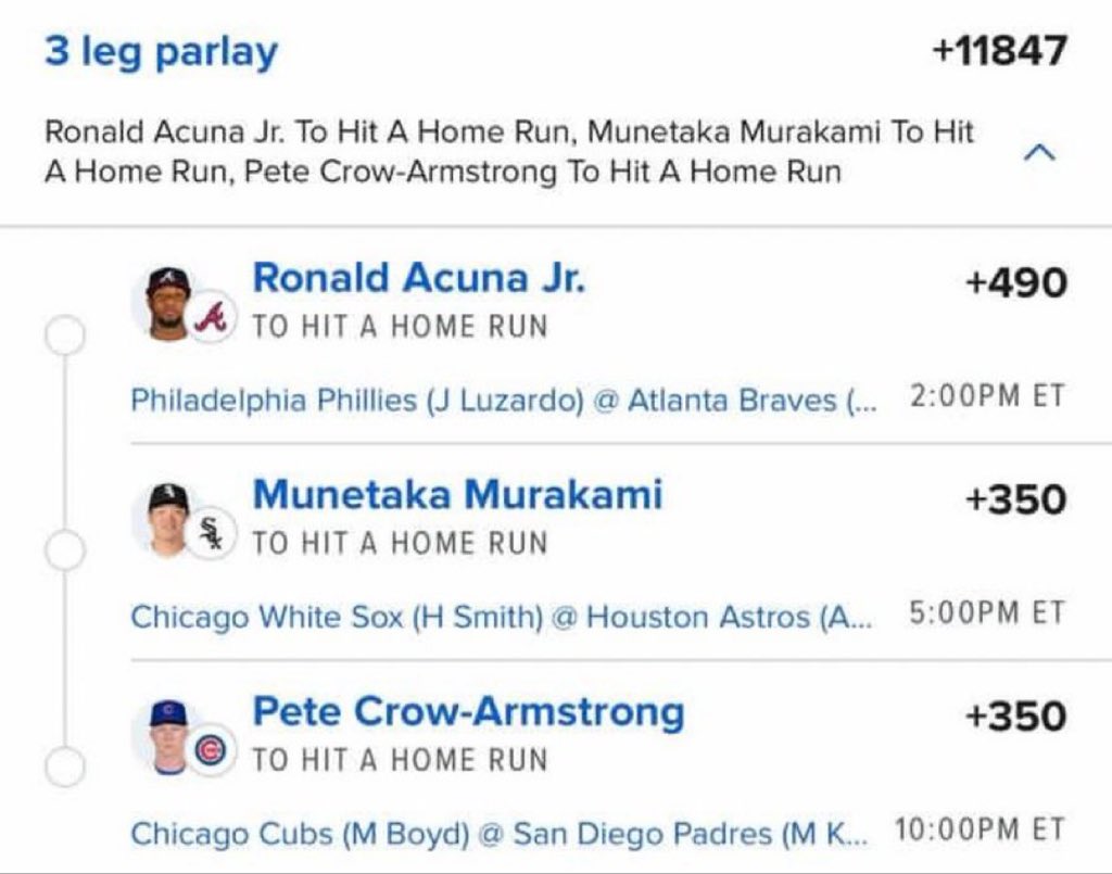 BigSoloWinpid's tweet photo. 🔥 3-LEG MLB HOME RUN PARLAY 🔥

⚾ Ronald Acuña Jr. — To Hit a Home Run
⚾ Munetaka Murakami — To Hit a Home Run
⚾ Pete Crow-Armstrong — To Hit a Home Run

💰 +11847

#MLB #MLBBets #HomeRun #HRParlay #SportsBetting #Baseball #MLBPicks #Braves #WhiteSox  #Cubs 

CLICK THE LINK BELOW TO JOIN MY FREE TELEGRAM GROUP FOR VIP BANG👇

https://t.co/PfUdadXpaU