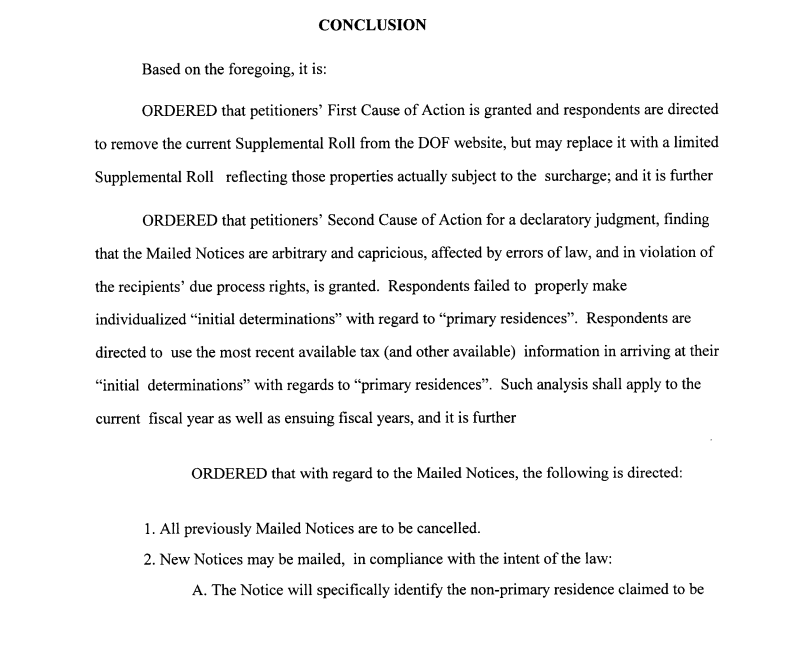 JosieStratman's tweet photo. New: In a setback for Mayor Mamdani, justice in the OG lawsuit against the pied-à-terre tax has ruled the  notices for the taxes were "arbitrarily and capricious" and are to be cancelled.

The judge also orders the massive supplemental property tax roll online must be taken down. https://t.co/nbh1aJZgES