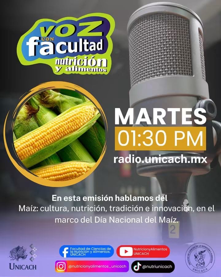 Unicachfm's tweet photo. #VCF #FCNYA #FacultaddeCienciasdelaNutriciónyAlimentos.
Conduce: Mtra. María Vázquez.
Invitado: Mtra. Tlayuhua Rodriguez García, Mtro. Wayne Sol González y Mtro. Artrosis López.
Tema: Maíz: cultura, nutrición, tradición e innovación. https://t.co/OYP6euPd2W 13:30hrs https://t.co/JKcGbM4g1x