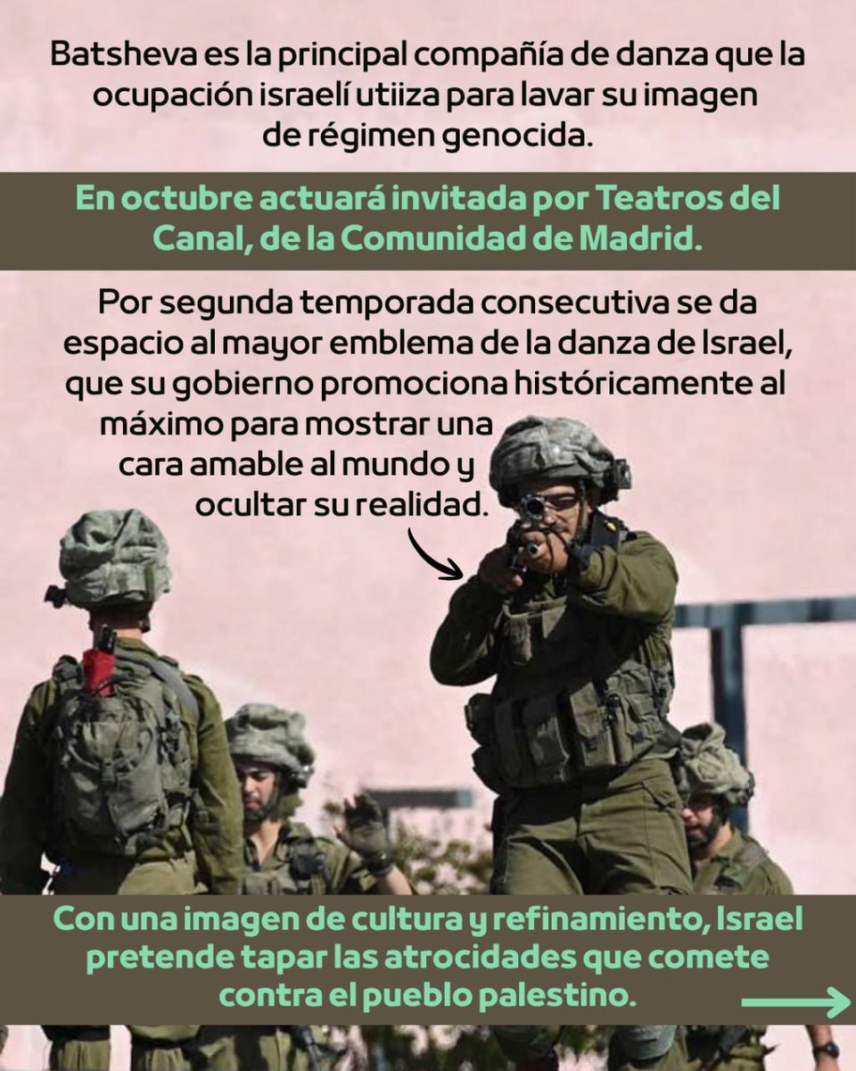 BDSMadrid's tweet photo. ☣️ @TeatrosCanal se saltan la indicación de la ONU de no colaborar con la ocupación, el apartheid y el genocidio de Israel en Palestina.

Difunde y acude a mostrar nuestro rechazo al estreno, el 15 de octubre en Teatros del Canal.

¡Boicot a la compañía Betsheva!
#BoicotIsrael https://t.co/zarcMWrkas