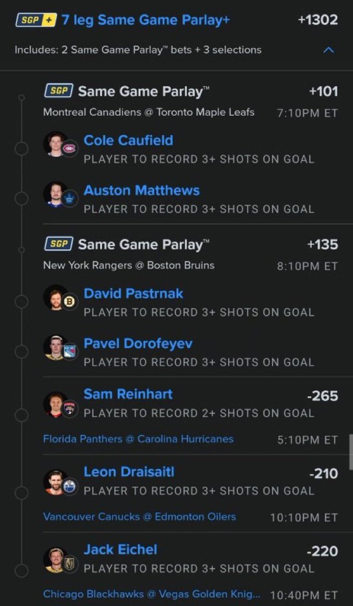 BigSoloWinpid's tweet photo. 🔥 7-LEG SAME GAME PARLAY+ 🔥

🏒 Cole Caufield — 3+ Shots on Goal
🏒 Auston Matthews — 3+ Shots on Goal
🏒 David Pastrnak — 3+ Shots on Goal
🏒 Pavel Dorofeyev — 3+ Shots on Goal
🏒 Sam Reinhart — 2+ Shots on Goal
🏒 Leon Draisaitl — 3+ Shots on Goal
🏒 Jack Eichel — 3+ Shots on Goal

💰 +1302

#NHL #NHLBets #Hockey #ShotsOnGoal #SportsBetting #Parlay #NHLPicks #HockeyPicks

CLICK THE LINK BELOW TO JOIN MY FREE TELEGRAM GROUP FOR VIP BANG👇

https://t.co/PfUdadWRlm