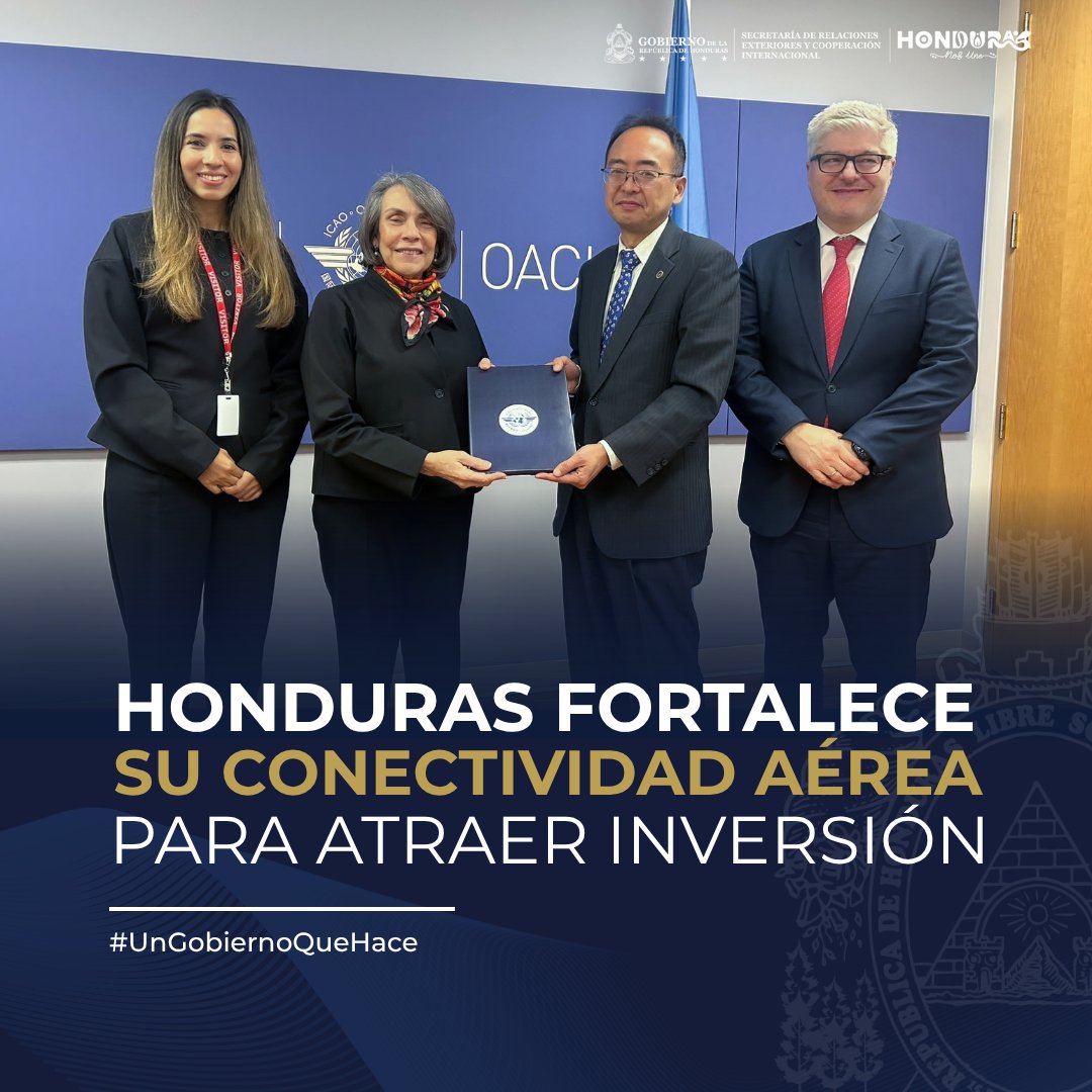 CancilleriaHN's tweet photo. La Canciller Mireya Agüero, sostuvo una reunión con el Presidente de la OACI, Toshiyuki Onuma, y su secretario general, Juan Salazar, para abordar la visión de Honduras de convertir su infraestructura aeroportuaria en una plataforma de conectividad, turismo, comercio e inversión. https://t.co/gBzyEF0gcM