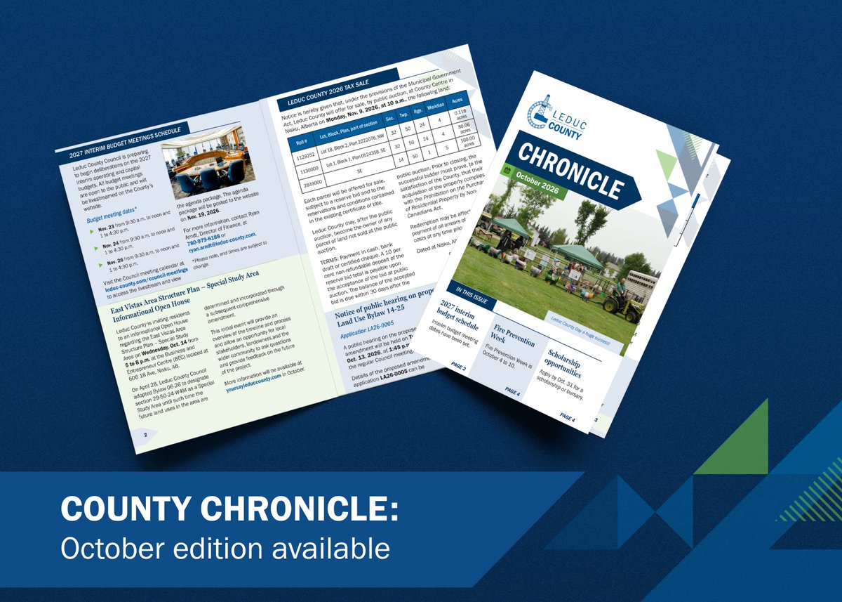 LeducCounty's tweet photo. The October edition of the County Chronicle newsletter is now available on our website!

Hard copies have been mailed to residents and are also available for pick up at County Centre during regular business hours.

Learn more: https://t.co/CuoQsJ2bzu https://t.co/ys3IuUmEI2