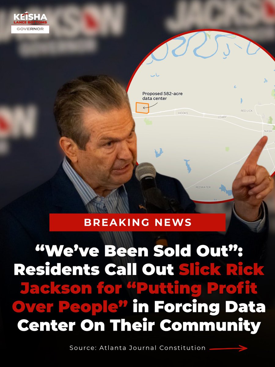 KeishaForGA's tweet photo. JUST IN: New report from the AJC reveals how Slick Rick Jackson is selling out the people of Texas and forcing a data center in their community.

If he’ll put profit over the people of Northeast Texas, he will do it to Georgians. Keisha is the only candidate people can trust to put a pause on data centers and protect Georgia communities.