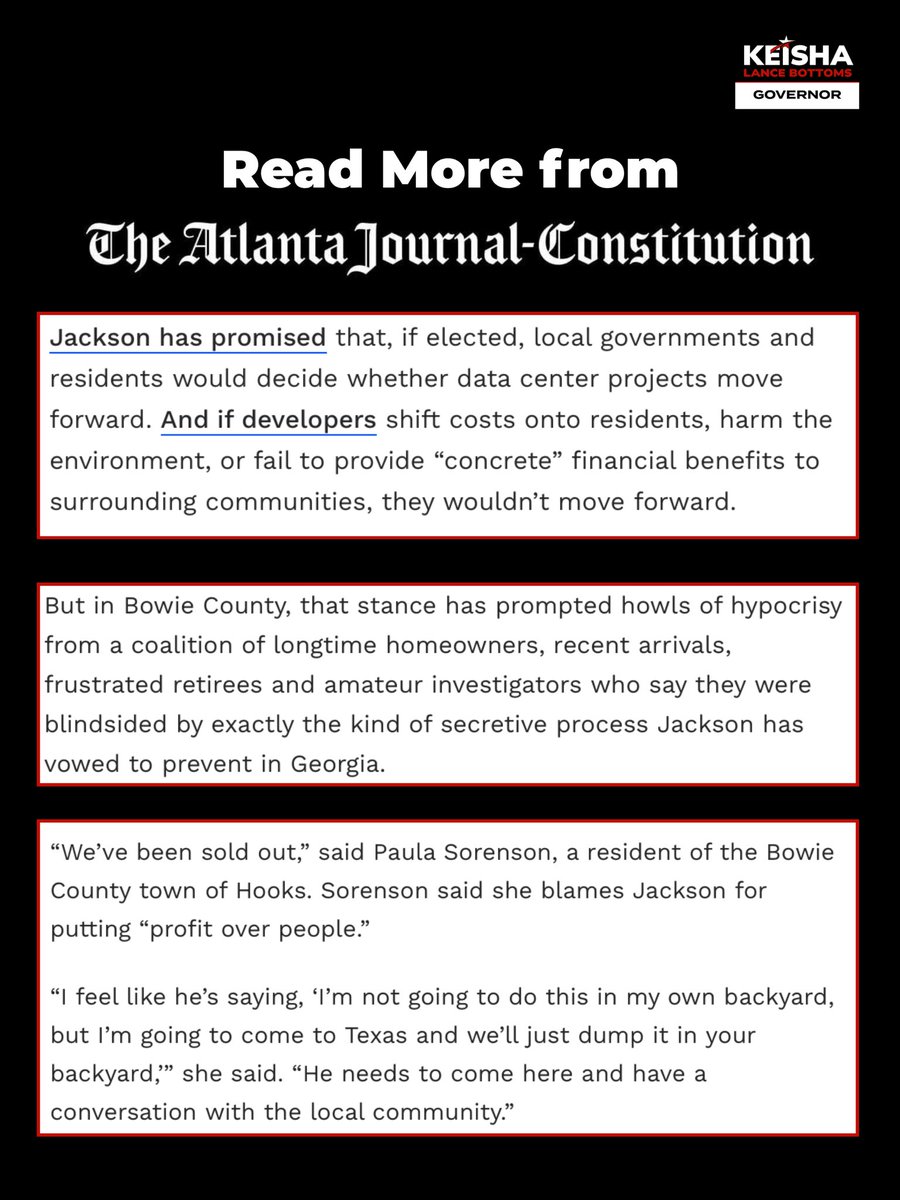 KeishaForGA's tweet photo. JUST IN: New report from the AJC reveals how Slick Rick Jackson is selling out the people of Texas and forcing a data center in their community.

If he’ll put profit over the people of Northeast Texas, he will do it to Georgians. Keisha is the only candidate people can trust to put a pause on data centers and protect Georgia communities.
