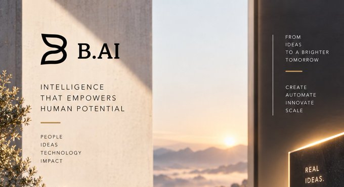 A branding slide for 'B.AI' with the tagline 'INTELLIGENCE THAT EMPOWERS HUMAN POTENTIAL' alongside 'PEOPLE, IDEAS, TECHNOLOGY, IMPACT', set against a window overlooking a sunset sky.