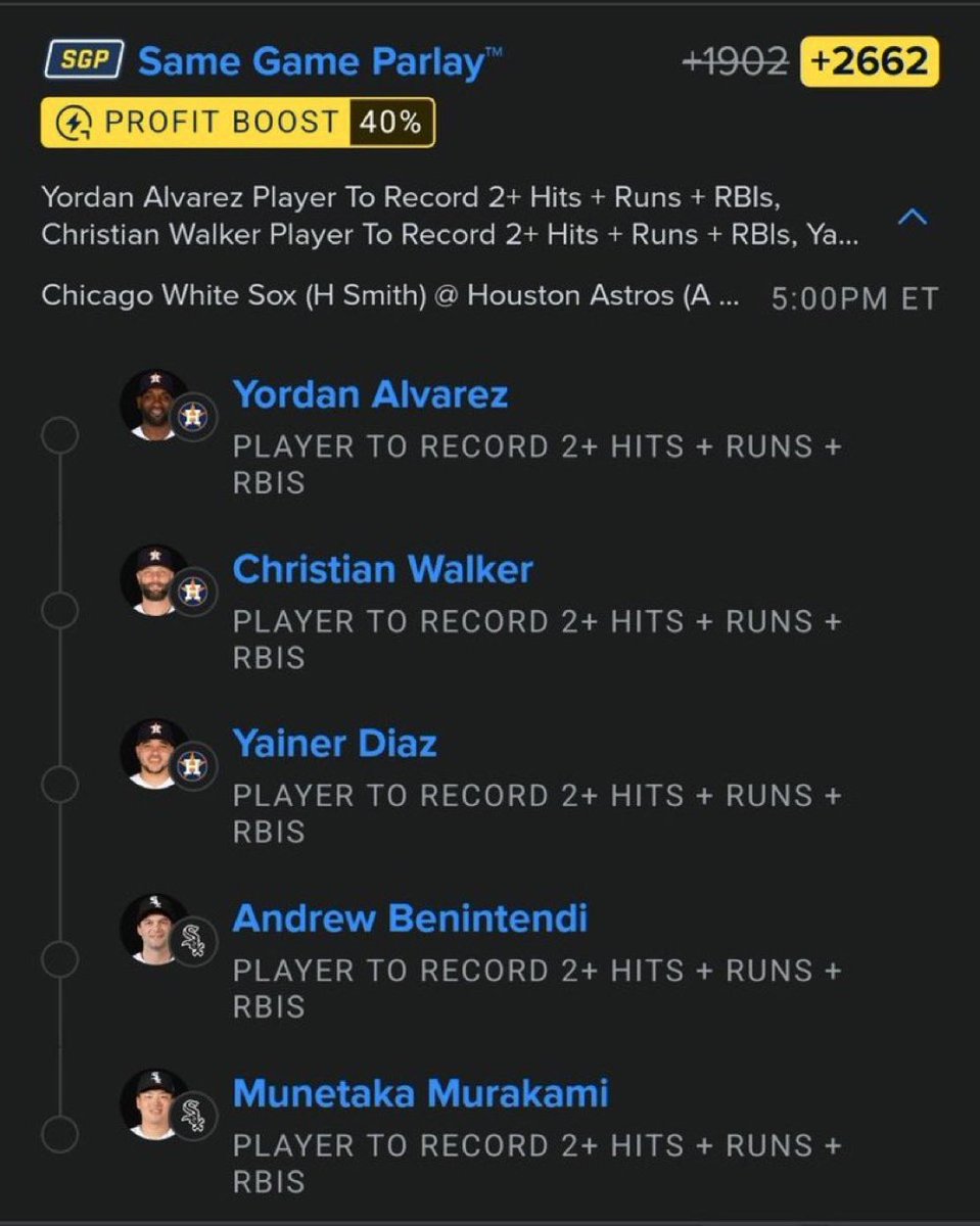 BigSoloWinpid's tweet photo. 🔥 5-LEG MLB SAME GAME PARLAY 🔥

⚾ Yordan Alvarez — 2+ Hits + Runs + RBIs
⚾ Christian Walker — 2+ Hits + Runs + RBIs
⚾ Yainer Diaz — 2+ Hits + Runs + RBIs
⚾ Andrew Benintendi — 2+ Hits + Runs + RBIs
⚾ Munetaka Murakami — 2+ Hits + Runs + RBIs

💰 +2662
⚡ 40% Profit Boost

#MLB #MLBBets #SportsBetting #Baseball #Parlay #MLBPicks #Astros #WhiteSox  #HomeRun #Betting

CLICK THE LINK BELOW TO JOIN MY FREE TELEGRAM GROUP FOR VIP BANG👇

https://t.co/PfUdadWRlm