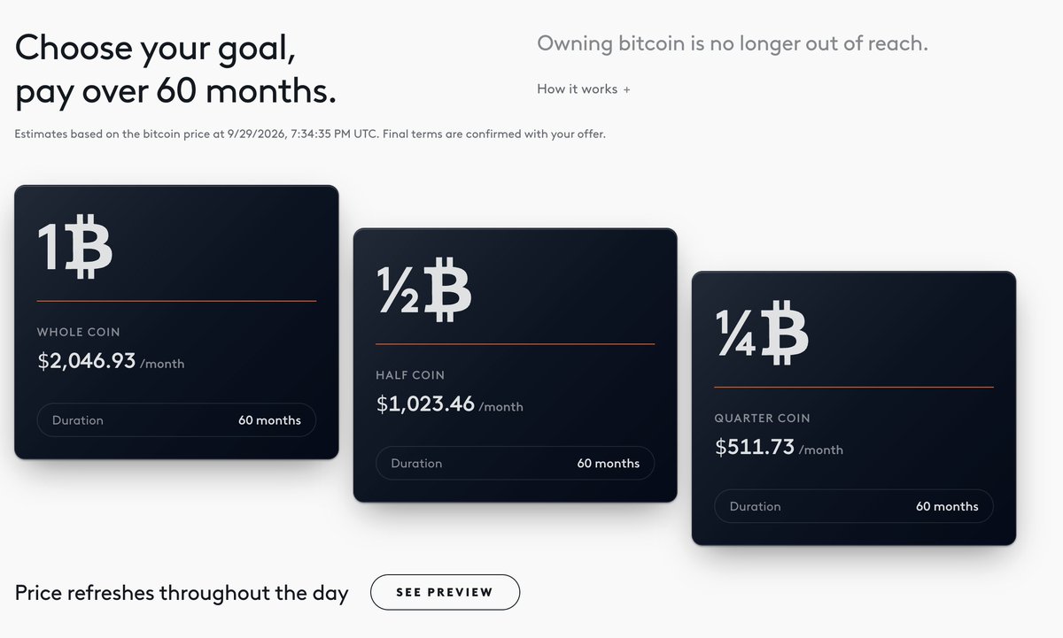 BitcoinNewsCom's tweet photo. BTCNOW LAUNCHES “PAY-OVER-TIME” BITCOIN PURCHASES WITH 60 MONTHLY PAYMENTS

@BTCNowHQ has launched a new model allowing customers to lock in a Bitcoin purchase at today’s price while paying for it over five years.

Unlike dollar-cost averaging, the Bitcoin price is fixed when the purchase is made rather than changing with each monthly payment.

The company says:

• Payments are spread across 60 fixed monthly installments
• Bitcoin is held in trust until fully paid
• BitGo provides custody
• There are no margin calls or forced liquidations from BTC price declines
• A U.S.-wide rollout is planned over the coming months

The model effectively brings “buy now, pay later” financing to Bitcoin, allowing customers to secure BTC upfront without paying the full purchase amount on day one.