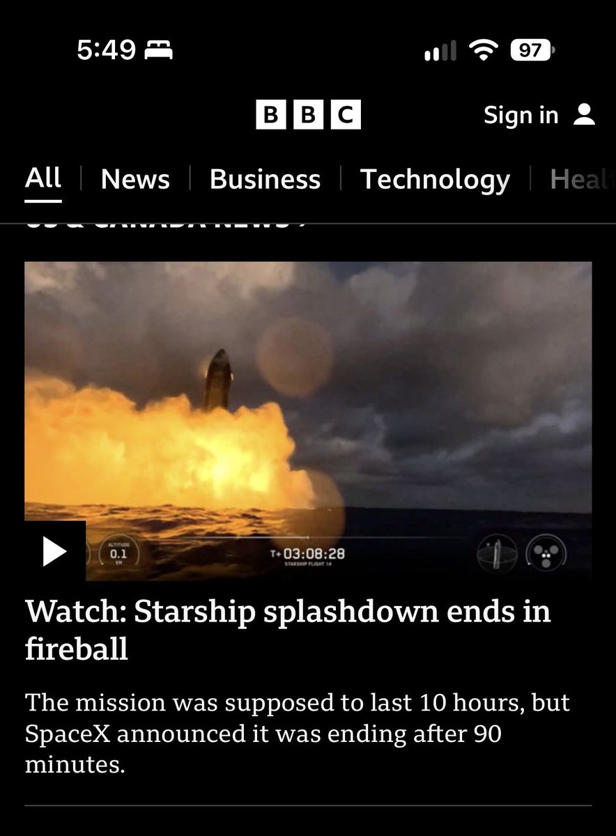 Zeckhausen's tweet photo. @peterrhague Here’s how readers of the BBC are presented with SpaceX’s historic Starship orbital flight. https://t.co/wOAW1dV5bV