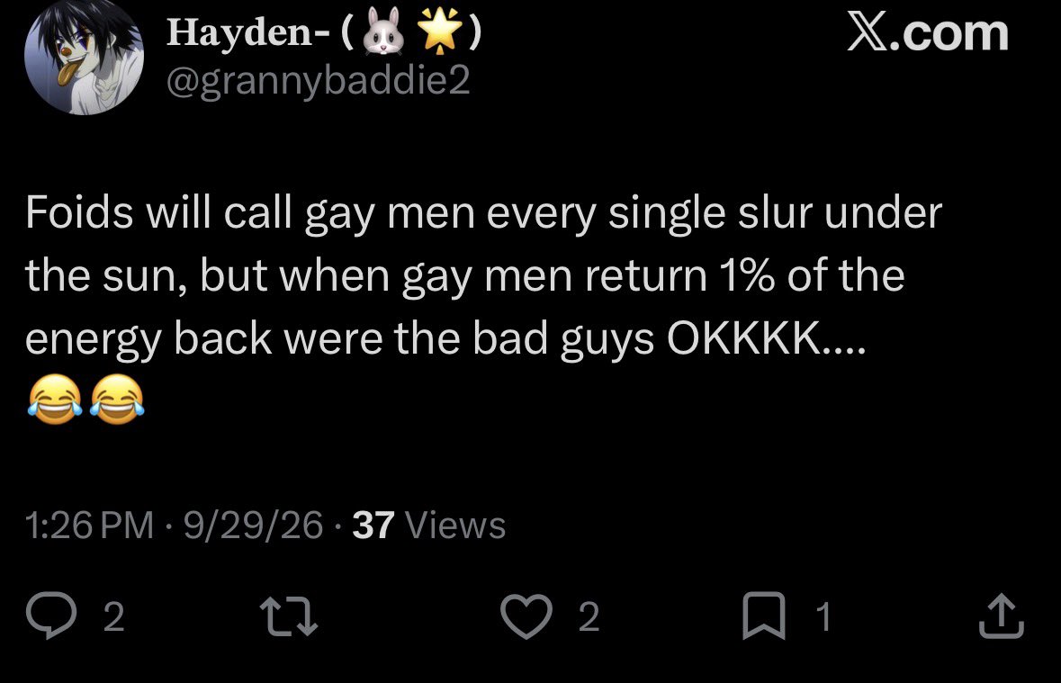 dollofloona's tweet photo. @grannybaddie2 @NoaOnaga @THEOGBLACKMAMBA real women are foids to you anyways so #fakeoutrage https://t.co/jaIL3CNUBK