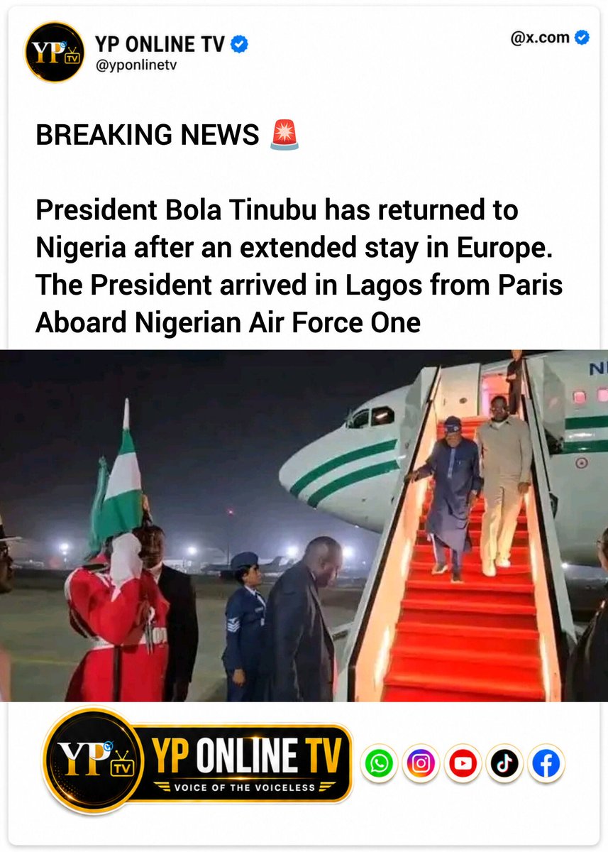 YPonlineTV's tweet photo. BREAKING:💥

President Bola Tinubu has returned to Nigeria after an extended stay in Europe.
The President arrived in Lagos from Paris aboard Nigerian Air Force One.

#yponlinetv https://t.co/m82enLTJqc