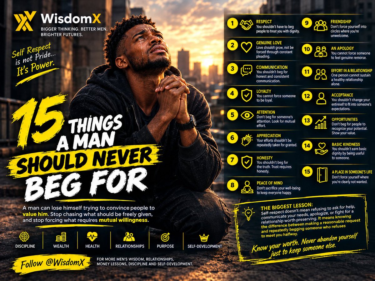 wisdomX99's tweet photo. 🧵 15 THINGS A MAN SHOULD NEVER BEG FOR

A man can lose himself trying to convince people to value him.

Stop chasing what should be freely given, and stop forcing what requires mutual willingness.

Here are 15 things every man should understand. 👇 https://t.co/nIcRZTTs25