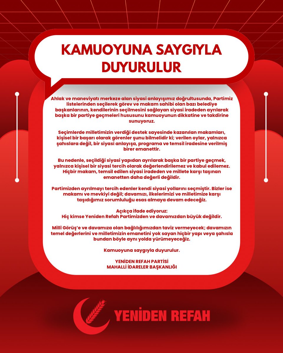 BO_Osmanagaoglu's tweet photo. KAMUOYUNA SAYGIYLA DUYURULUR

YENİDEN REFAH PARTİSİ 
MAHALLİ İDARELER BAŞKANLIĞI 
@erbakanfatih @rprefahpartisi https://t.co/boUhlH6qZo