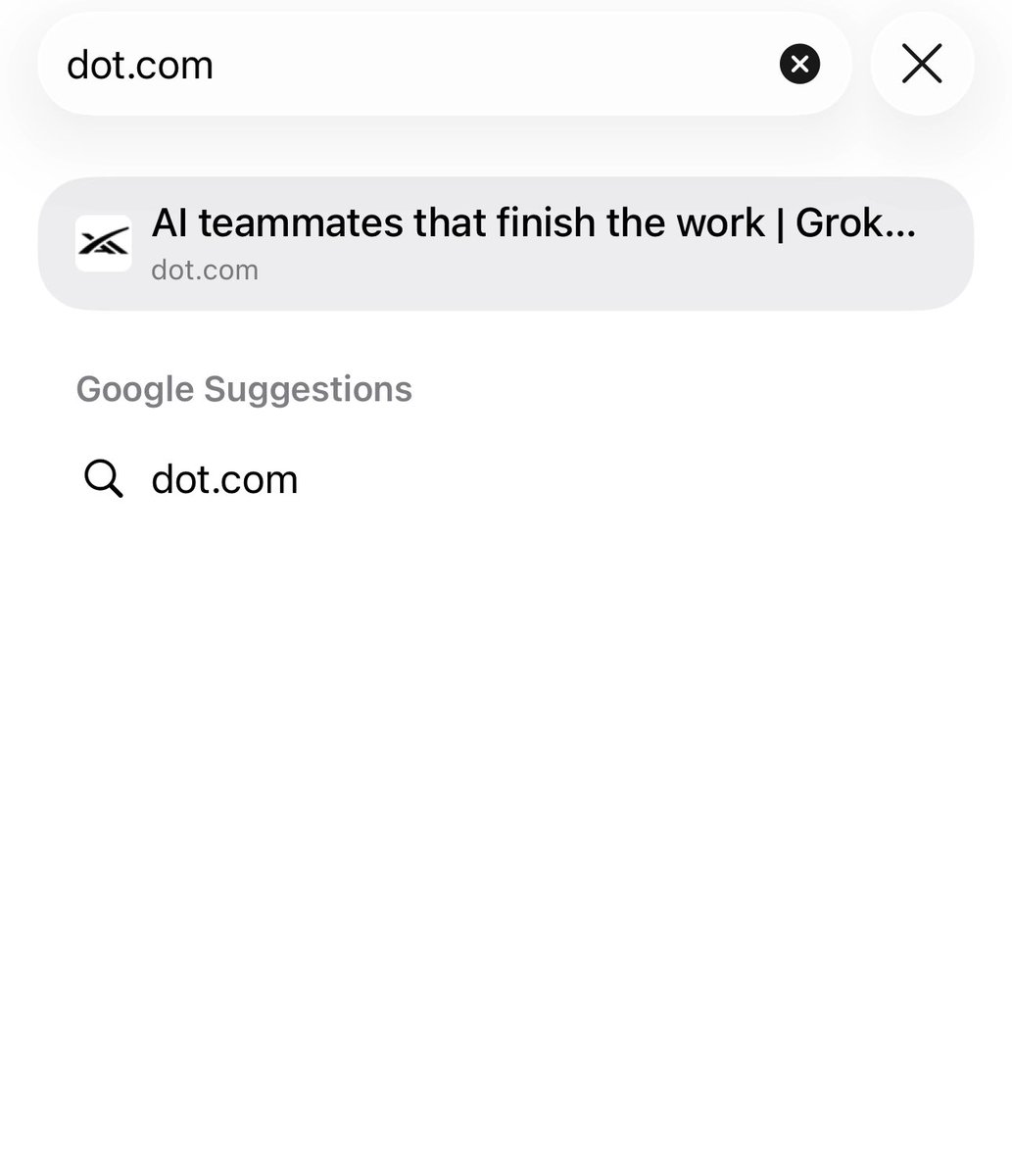 A search interface showing 'dot.com' being typed in the search bar, with results including 'AI teammates that finish the work | Grok...' and a Google Suggestion for 'dot.com'.