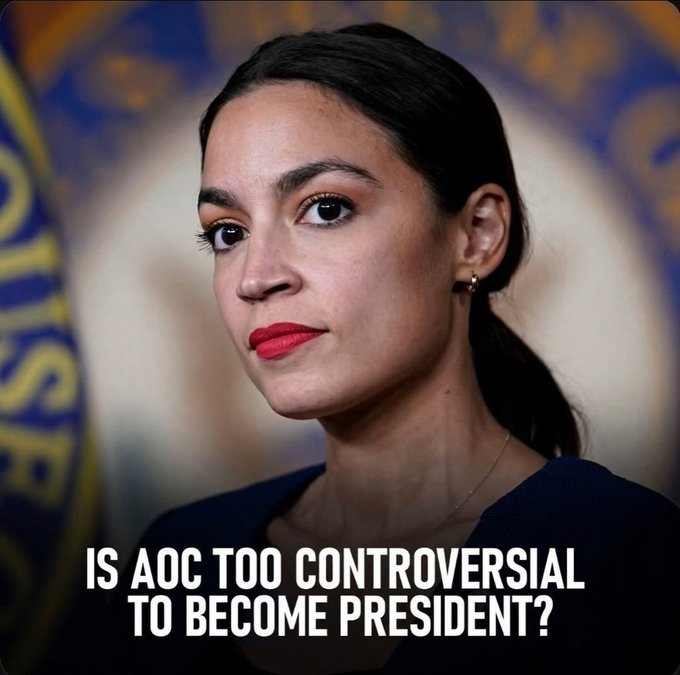 A YouTube-style thumbnail features U.S. Congresswoman Alexandria Ocasio-Cortez (AOC) with the text overlay 'IS AOC TOO CONTROVERSIAL TO BECOME PRESIDENT?'