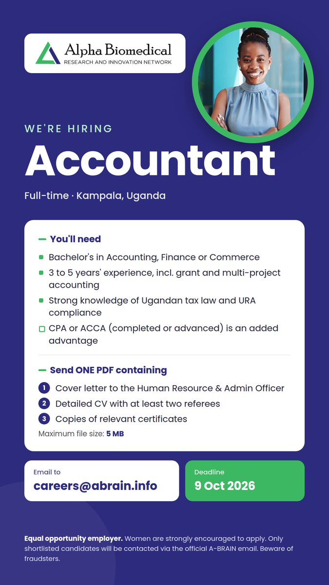 Alpha_BRAINLtd's tweet photo. We are hiring and accountant.
Check out https://t.co/OG6hLPBzI5 for more details! https://t.co/yznmyMpVO3