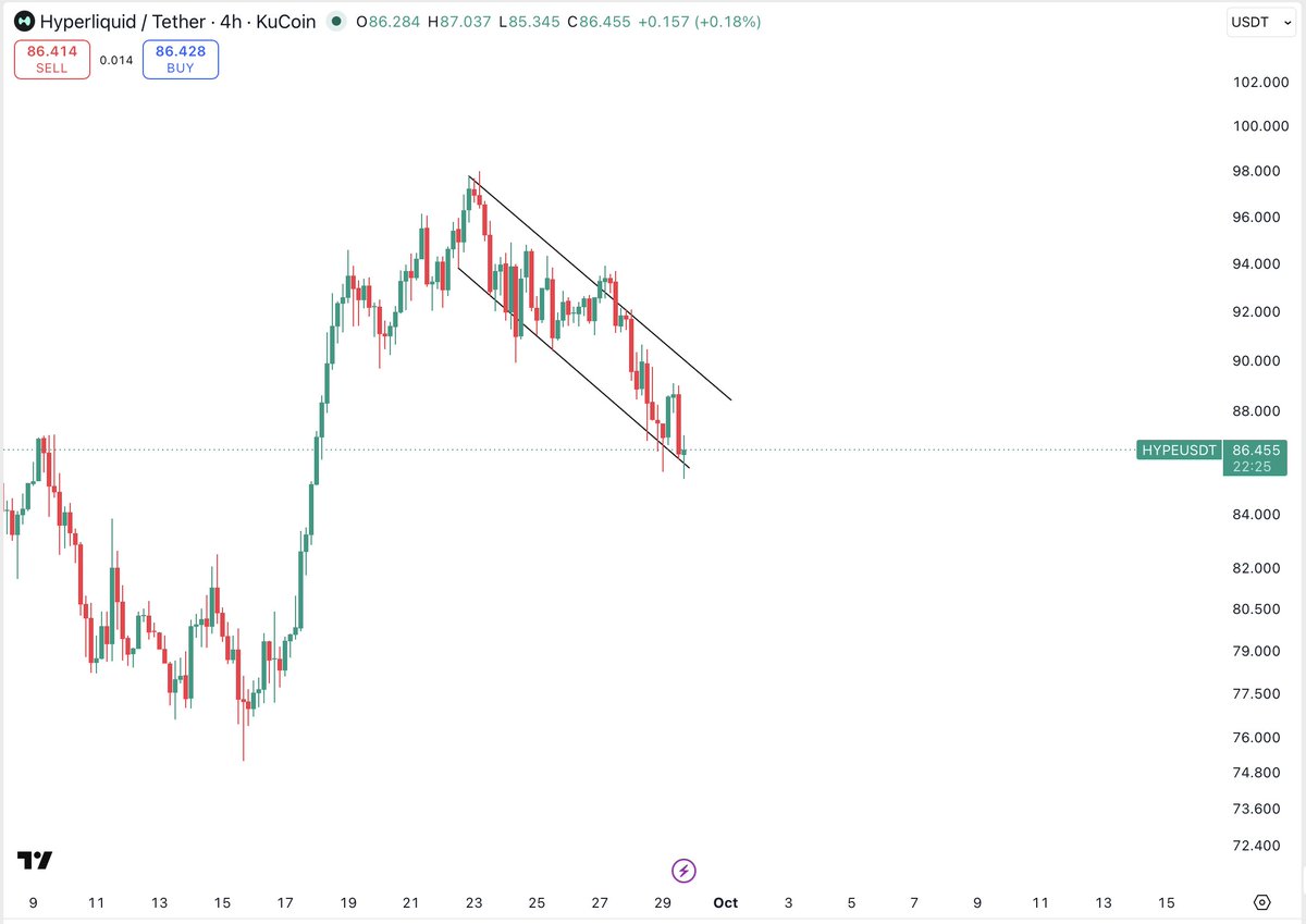 Thecryptomist's tweet photo. $HYPE

Update; Still holding onto my longs on @gains_trade by the skin of my teeth haha! 

Support holding, but displays weakness from lack of bullish reaction. 

Falling wedge valid until support lost. However, rather than sweeping highs, my target is $93-$94

https://t.co/3Pg7e7oR3n