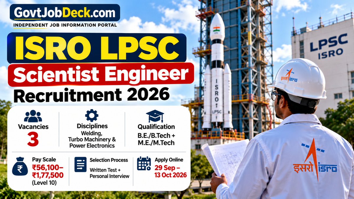 govtjobdeck's tweet photo. 🚀 ISRO LPSC Scientist Engineer Recruitment 2026 – 3 Posts

🔧 Welding, Turbo Machinery &amp; Power 
🎓 B.E./B.Tech + M.E./M.Tech
💰 ₹56,100–₹1,77,500
🎯 Written Test + Interview
📅 Apply: 29 Sep–13 Oct 2026
📋 Details:
 https://t.co/ixdJHbuODI
📝 Apply: https://t.co/aMyG1AX34Y https://t.co/ovftPJbDxe