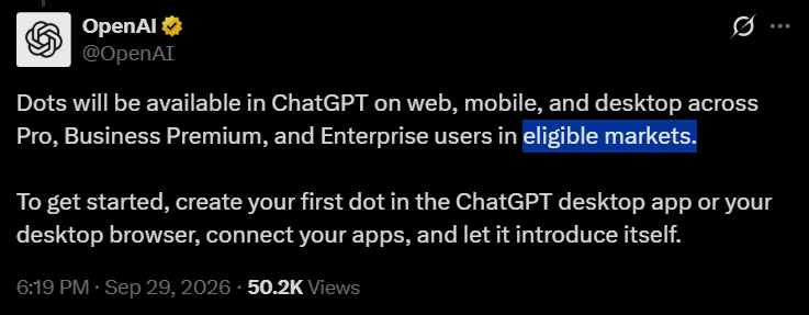 koltregaskes's tweet photo. OpenAI is now scared to say the EU and the UK, and are now just saying "eligible markets". ☹️

I've not spotted any of today's updates as yet and no banked reset either.  We've been completely forgotten. 😭 https://t.co/sO6TLruOfK
