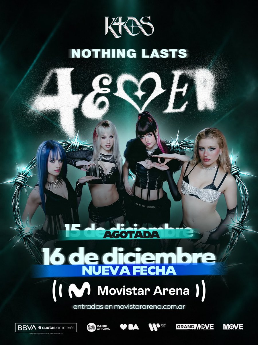 moveconcertsarg's tweet photo. K4OS AGOTÓ EL MOVISTAR ARENA Y AGREGA UNA NUEVA FECHA 🖤⛓️‍💥🤯

🗓️ 15 de diciembre | AGOTADO
🗓️ 16 de diciembre | NUEVA FECHA
 🏟️ Movistar Arena

🎫 Venta general YA DISPONIBLE con todos los medios de pago

💳 Disfrutá de hasta 6 cuotas sin interés con tus tarjetas @bbva_argentina
 🔗 https://t.co/C8YQ9m2ZiD