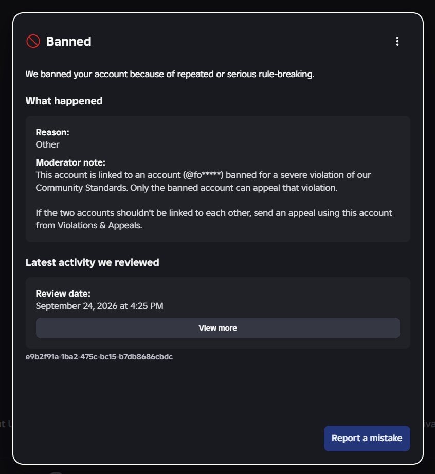laneyiio's tweet photo. unfortunately ive been hit by the ai ban wave, im terminated for being linked to another account i dont own.. i am so confused why this is happening, and i even play everyday on the same account. i hope i can get back to playing again! #roblox #enforcementban #robloxban @Roblox https://t.co/XZjZQEMAex