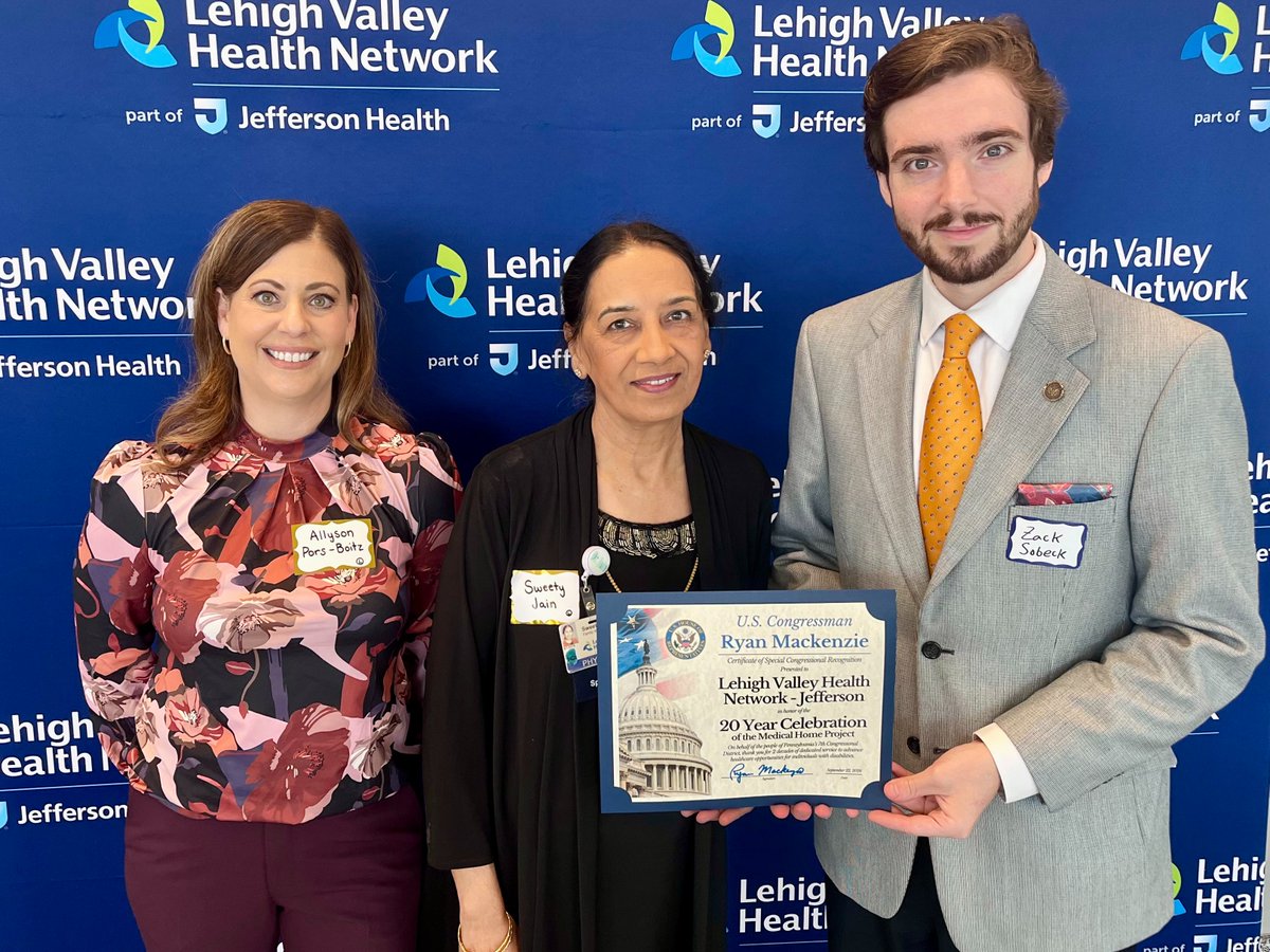 RepMackenzie's tweet photo. For 20 years, the Medical Home Project at Lehigh Valley Health Network has worked to improve health care for individuals with disabilities through patient-centered care, respectful communication, and better coordination of community resources.

Zack from my team was glad to join @LVHN to recognize this important milestone and present a Congressional Certificate celebrating two decades of service to our community.