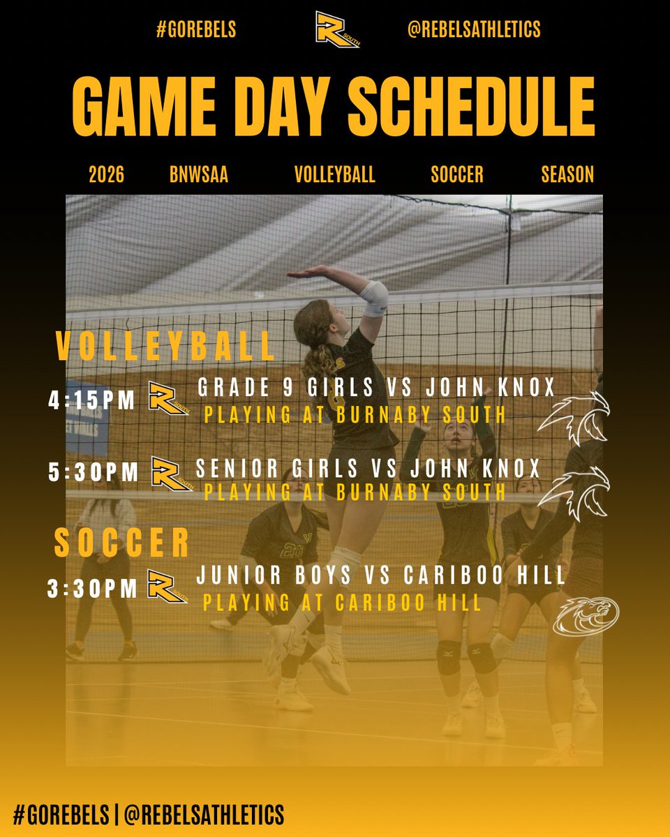 RebelsAthletics's tweet photo. Come support our Rebels today in #Volleyball and #Soccer Leagues! 3️⃣ games today starting at 3:30!

📍@bbysouthSD41
4:15 - Grade 9 Girls 🆚 @JKCSHawks
5:30 - Senior Girls 🆚 @JKCSHawks

📍@caribooSD41
3:30 - Junior Boys Soccer 🆚 @caribooSD41 
#GoRebels🖤💛 https://t.co/3H0Dhz1jtL