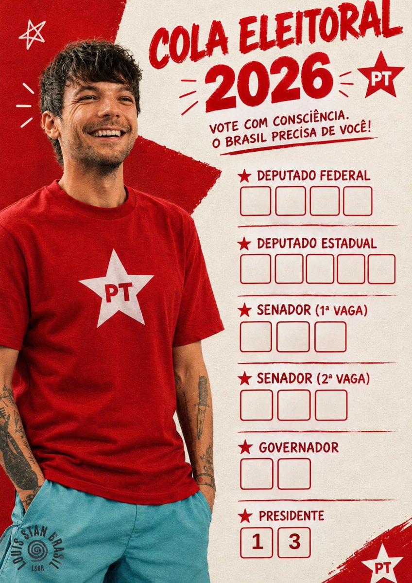 LouisStanBr's tweet photo. DOMINGO VAI SER 13 COM FORÇA! ⭐️
— O Louis mandou avisar que divulguem todas as colas eleitorais para domingo. 

Votem com consciência! ❤️ https://t.co/RKfinR4QHY