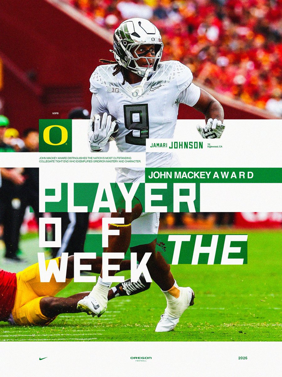 oregonfootball's tweet photo. TE1 🦆

Jamari Johnson is the John Mackey Award Player of the Week!

#GoDucks x @TheMackeyAward https://t.co/tl7891VEIk