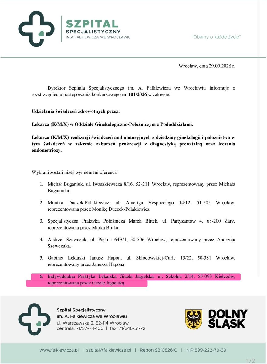 GodekKajaU's tweet photo. GIZELA JAGIELSKA BĘDZIE ABORTOWAĆ DZIECI NA BROCHOWIE!

Dyrektor Szpitala im. Falkiewicza we Wrocławiu Magdalena Puziewicz-Karpiak zdecydowała o przyjęciu okrytej złą sławą aborterki do swojej placówki. Wraz z Gizelą pojawi się tu także jej mąż, który również działał na oddziale w Oleśnicy.

Decyzja ta jest wypowiedzeniem wojny przeciw życiu, a głównym frontem tej wojny staje się od dziś Brochów.

Szpital Falkiewicza będzie teraz miejscem starcia cywilizacji śmierci z Cywilizacją Życia. Nie zostawimy poczętych dzieci bez pomocy! Ich niemy krzyk uczynimy donośnym i będziemy budzić sumienia!

Publiczny Różaniec o zatrzymanie aborcji pod szpitalem (wejscie od ul. Biegłej) w najbliższą niedzielę 4.10 o g. 17, kolejny 18.10 w tym samym miejscu i o tej samej porze, kolejne w każdą III niedzielę miesiąca.

Będą także akcje informacyjne skierowane do matek chodzących tu na szkołę rodzenia - aby wiedziały, że idąc do porodu w "Falkiewiczu" mogą trafić na radykalną aborterkę.

A gdy wróci wolna Polska, wymierzymy sprawiedliwość za każde zabite dziecko.