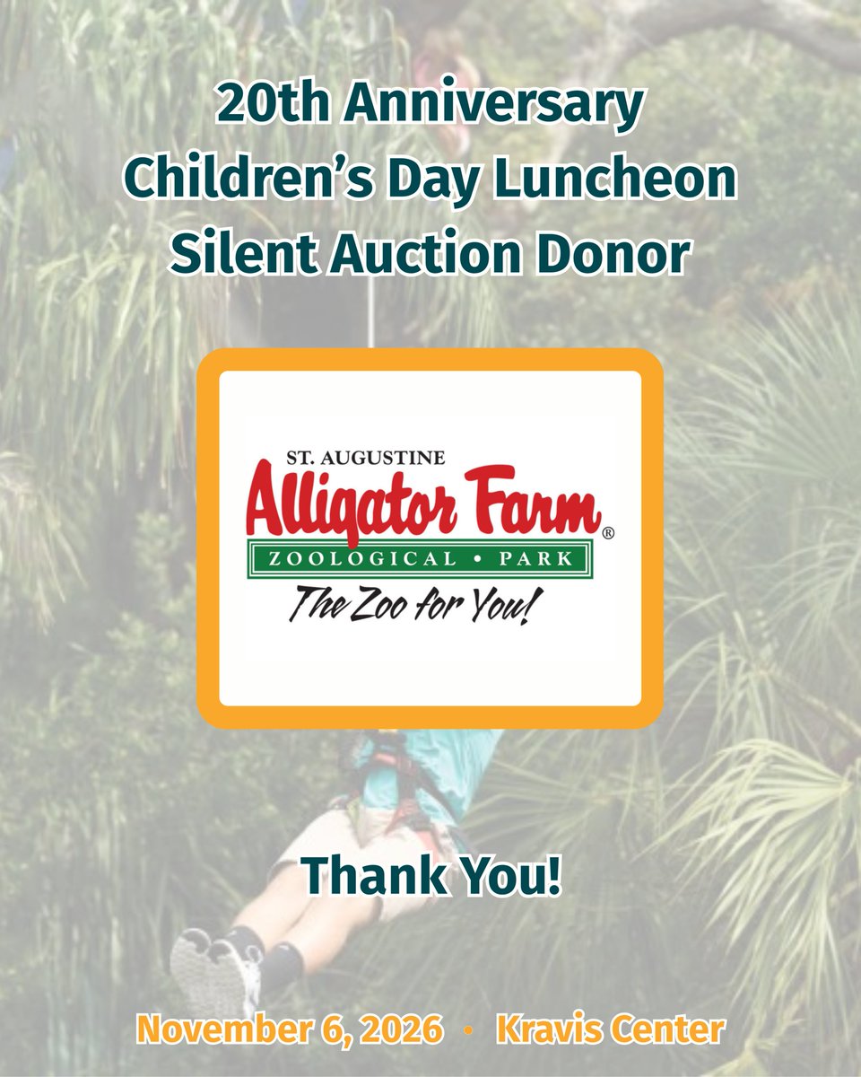 FamiliesFirstPB's tweet photo. Thank you to St. Augustine Alligator Farm Zoological Park for being one of this year's Silent Auction Donors at our 20th Anniversary Children's Day Luncheon!
Join us at our luncheon: https://t.co/ESFk24w60h
Plan your visit: https://t.co/SELY9ZM8eT
#familiesfirstpbc #pbcounty https://t.co/ya23tlNHos