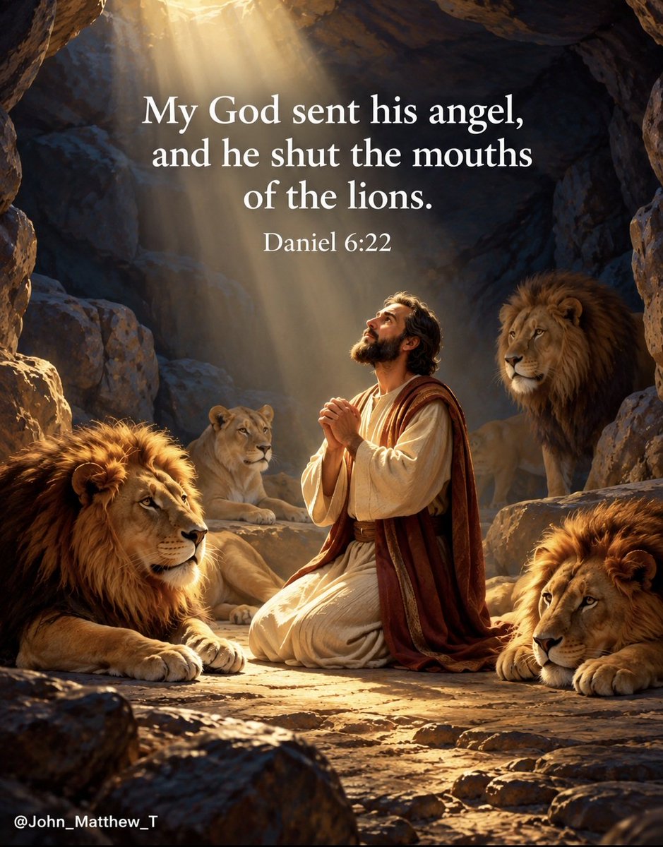 John_Matthew_T's tweet photo. Daniel continued praying to God even after a new law was made that forbade anyone from praying to anyone except the king. Daniel knew the consequences, but he didn’t stop seeking God.

His enemies found him praying and reported him to the king. Daniel was thrown into a den of lions, and the entrance was sealed.

But God did not abandon Daniel. He sent His angel and shut the mouths of the lions.

“My God sent his angel, and he shut the mouths of the lions.”
- Daniel 6:22

Daniel walked into the lions den because he chose to remain faithful, and he came out because God protected him.

Daniel’s faith reminds us that staying faithful to God doesn’t mean we will never face difficult situations. It means we don’t have to face them alone..
