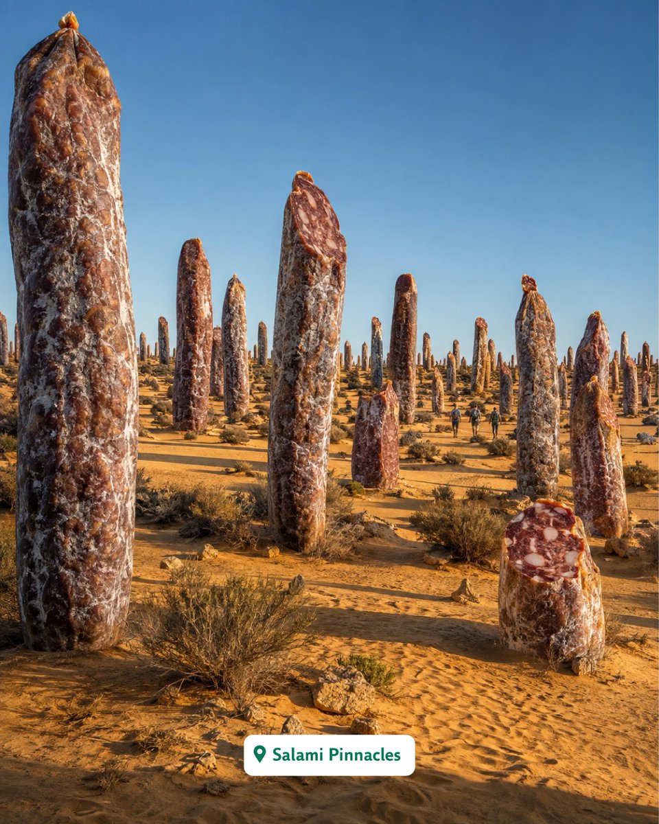 KymberlyMyaen's tweet photo. What if Australia was made of D’Orsogna? We transformed iconic landmarks into smallgoods
The Bacon Apostles, Mortadella Dunes, Salami Pinnacles, Salami Barrier Reef and Prosciutto Snowy Mountains. Which would you visit first? Let us know below. https://t.co/H1rhZQXIPH