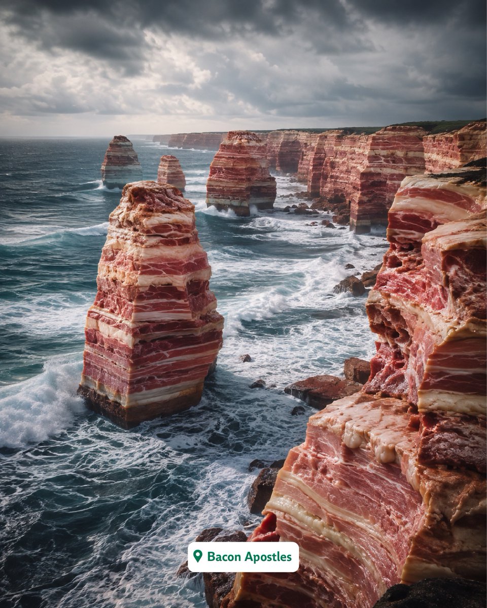 KymberlyMyaen's tweet photo. What if Australia was made of D’Orsogna? We transformed iconic landmarks into smallgoods
The Bacon Apostles, Mortadella Dunes, Salami Pinnacles, Salami Barrier Reef and Prosciutto Snowy Mountains. Which would you visit first? Let us know below. https://t.co/H1rhZQXIPH