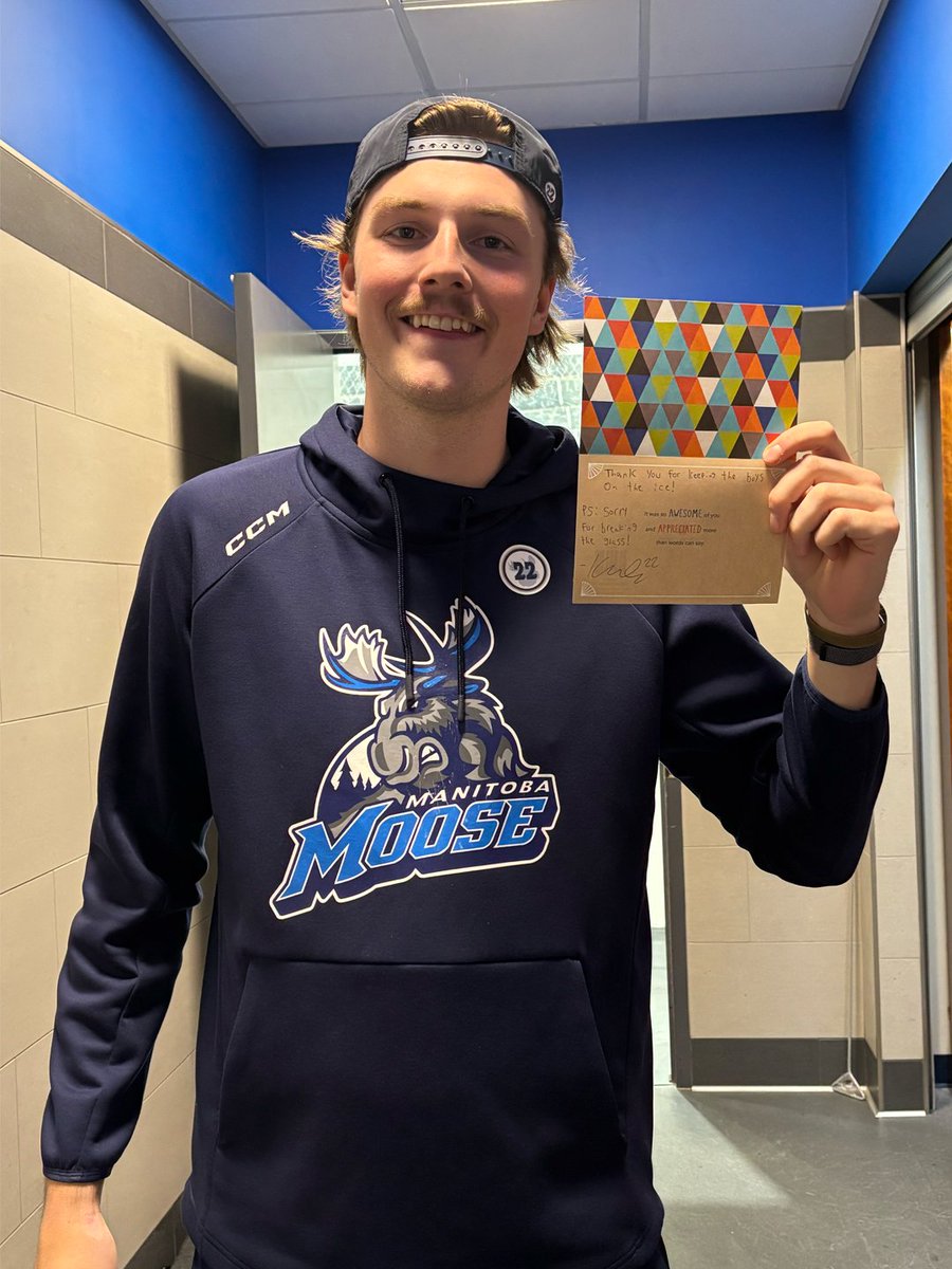 ManitobaMoose's tweet photo. From Big Walt and the rest of the Moose, thank you to the @hockeyforallctr staff for keeping us going 💙 https://t.co/8CsAc7YYPZ