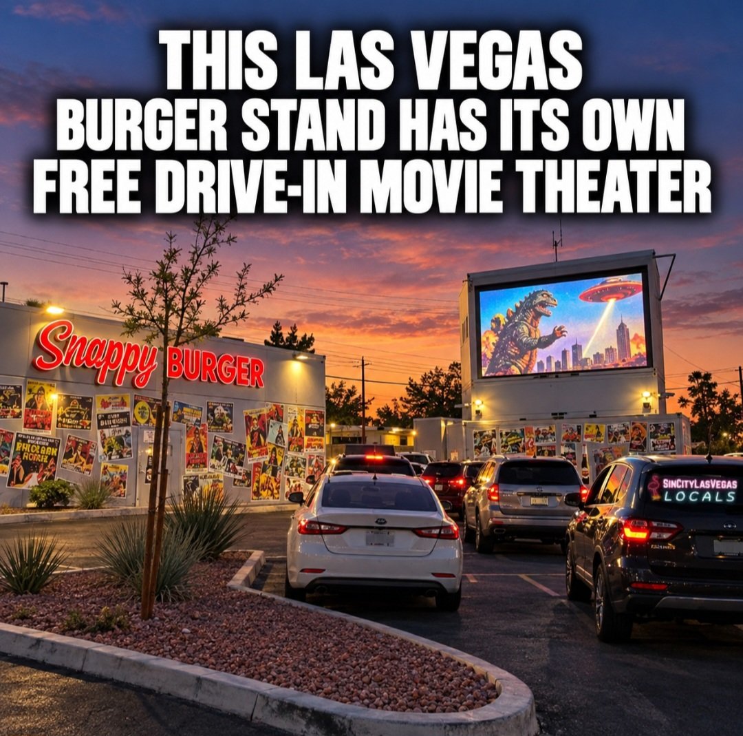 SinCityLVLocals's tweet photo. 🍔🎬 This little Vegas burger stand has its own FREE drive-in movie theater!

Grab food at Snappy Burger on N. Decatur, park and watch movies or classic TV on the giant outdoor screen. Tune your radio to 94.3 FM for audio.

Have you ever been❓️ https://t.co/aOdzoRDuNU