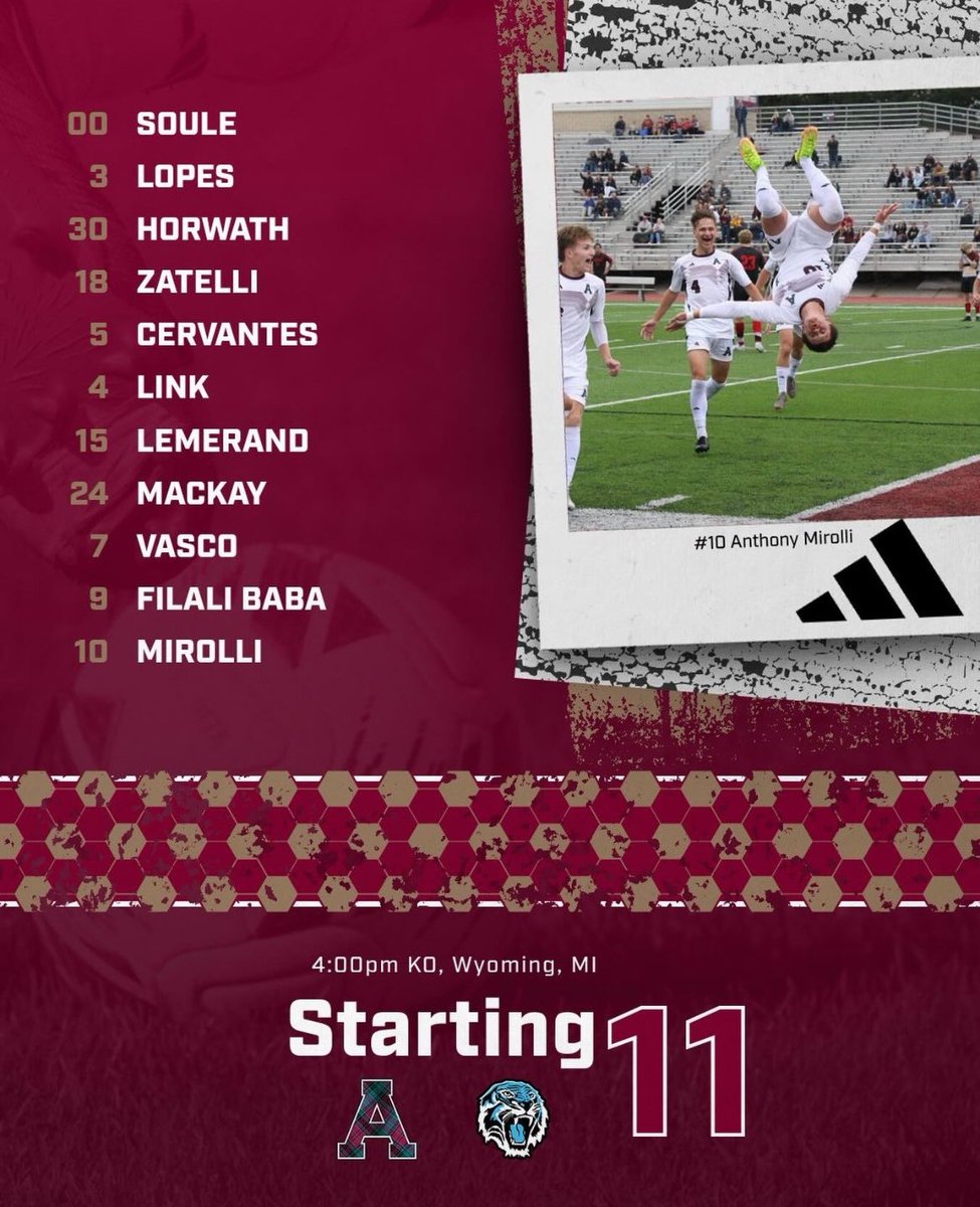 AlmaScotsMSOC's tweet photo. STARTING XI 
Here’s how the Scots are lining up today against Grace Christian! ⚽
11 players. One team. Time to compete. 💪
Let’s get after it, Scots! 🔥
#AlmaSoccer #ScotsOnThePitch #StartingXI #GoScots #D3Soccer https://t.co/9pmRimQsvu