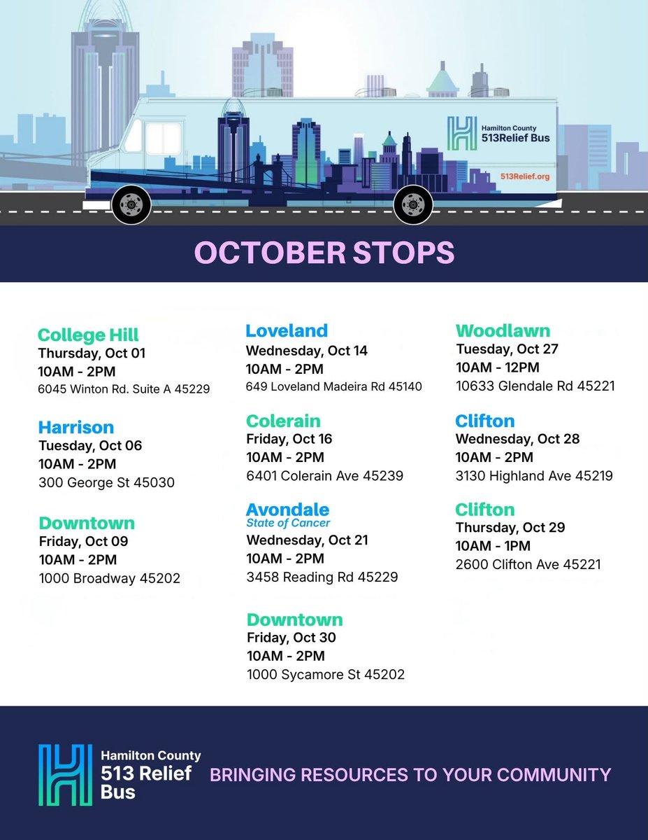 513Relief's tweet photo. Check out our October schedule! 
The 513Relief Bus has 10 stops scheduled across the county to help you and your family get the resources you need.
Be sure to save the date for the State Of Cancer Caucus on 10/21 at 3458 Reading Rd.
Visit https://t.co/RYe9RZeEfB for more info. https://t.co/jryqXMrB0D