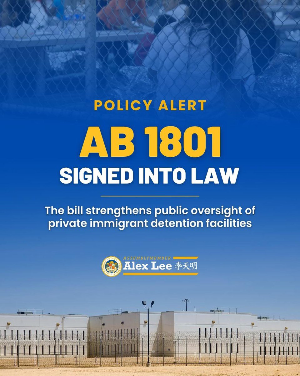 alex_lee's tweet photo. NEWS: The Governor has signed my bill AB 1801! 

The bill gives communities a real voice before local governments approve any new private immigrant camps, and ensures adequate time for people to provide input on these facilities https://t.co/VMqEq32SJj