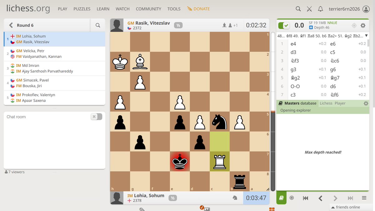 EngChessTrack's tweet photo. Round 6 saw another draw for young IM Sohum Lohia, this time against GM Vitezslav Rasik. 2.5/6 and 8th place, as it stands #chess https://t.co/dPNWlEzo7p