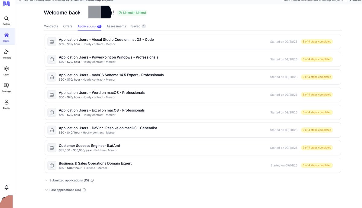 EcommerceIord's tweet photo. 35 past/rejected submissions 

15 pending submissions
 
8 incomplete applications

20 completed assessments

1 Certified course

0 projects 

@mercor 

What’s going on?

Do something!!!!! https://t.co/THDFQI1iWx