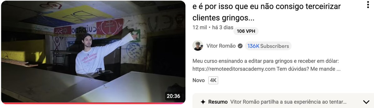 brunofaggion's tweet photo. E digo mais, se forem fazer isso, ESTUDEM thumbnails.

Thumb é psicologia, e é também um dos poucos jeitos que você como designer consegue gerar faturamento MENSURÁVEL pro seu cliente.

Às vezes a thumb feia converte mais que a bonita.

E às vezes a thumb perfeita pra um vídeo é um frame de um vídeo que parece que você está num calabouço.

Só que como criador é MUITO DIFÍCIL encontrar alguém que PENSE as thumbnails pra você e saiba fazer testes pra encontrar novos formatos que funcionam.