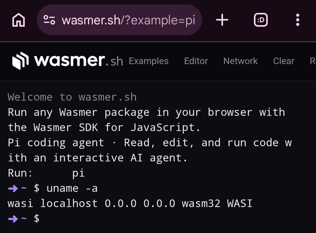 R0u9h's tweet photo. Wasmerがpatchなしでブラウザ上でpi動かしてるけどなんだこれ

Edge.js初期化してるし、uname -aするとwasiだからちゃんとNode.jsと互換性あるっぽいが... https://t.co/8DawuvjBlC