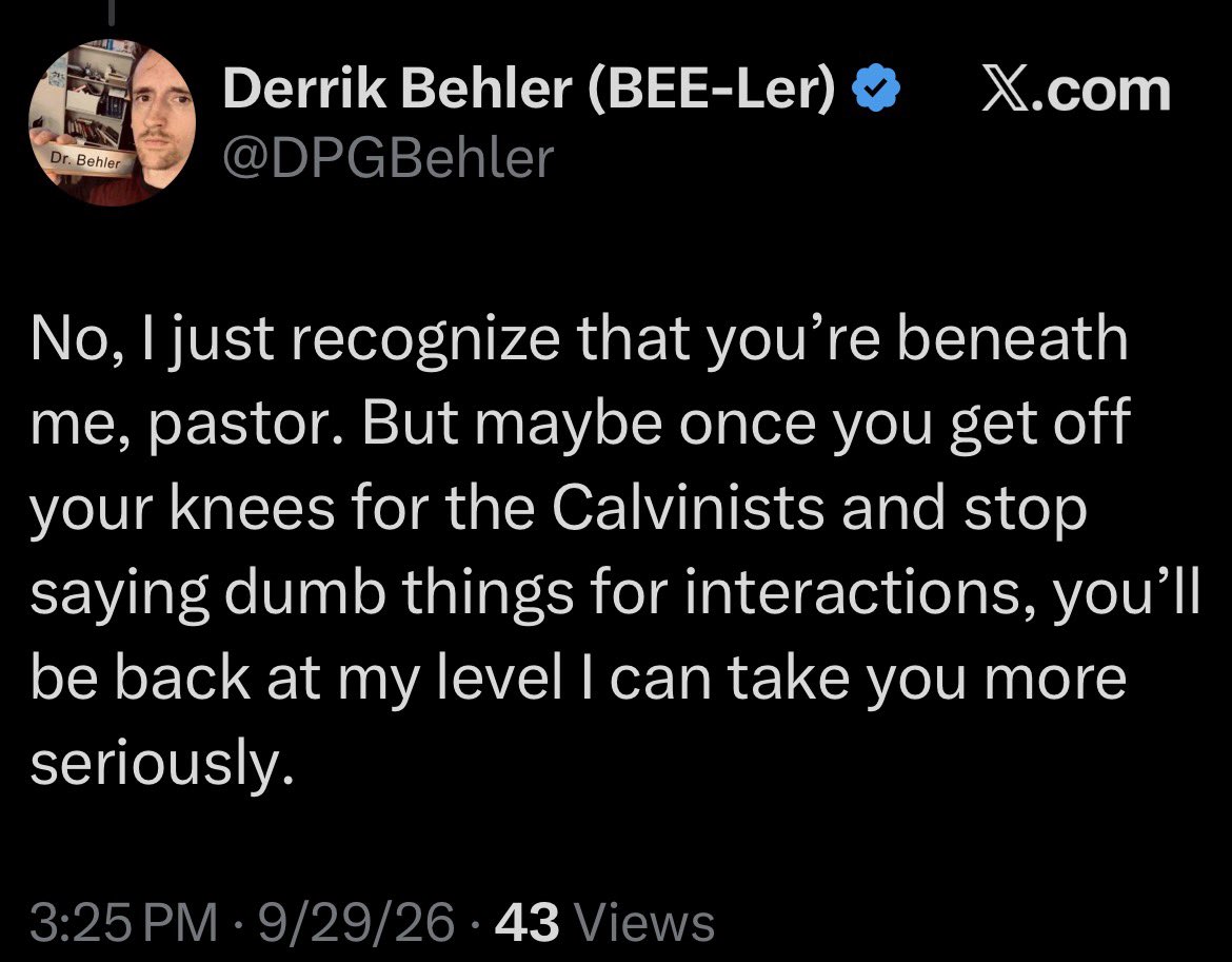 MethodMinistry's tweet photo. This how Provisionists treat you when you criticize their theology.
But by far, Derrik's is the worst...

I'm "beneath him" and maybe once | get "off my knees" for Calvinists" then I'll be "back on his level."

I have never encountered Calvinists using this type of language or criticism before.