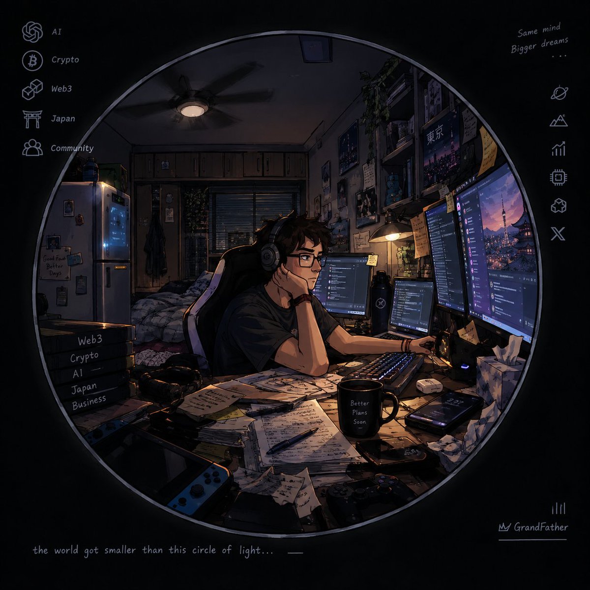 Grand_father007's tweet photo. The world got smaller than this circle of light🌐

headphones on, screens still talking
papers everywhere, the lights of Tokyo from window.
Thoughts half-finished, the fridge hums like it’s the only other person awake. The fan turning slow circles above a desk that hardly gets clean.

Just me, the cursor, and whatever deadline is winning tonight⏳
this little fishbowl is the whole universe right now!👀

#LateNightThoughts #Tokyolife #DigitalLife #AI #Productivity