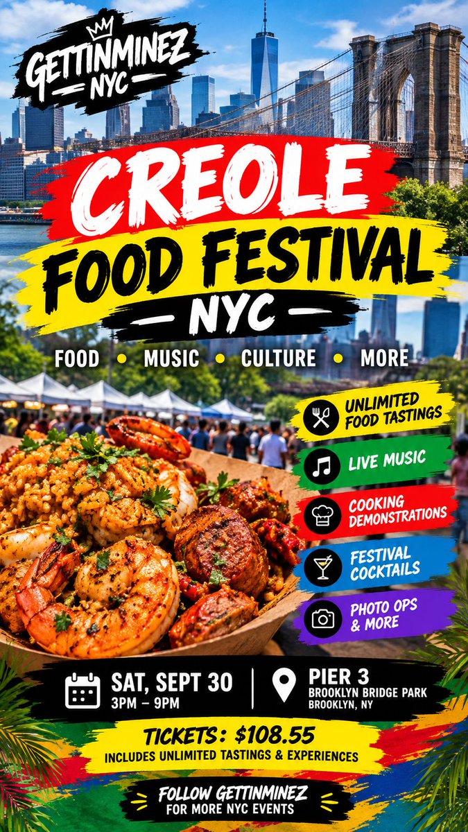 GettinMinez_NYC's tweet photo. Brooklyn, get ready to eat! 🍽️ The Creole Food Festival is bringing unlimited food tastings, live music, cooking demonstrations and more to Brooklyn Bridge Park this Saturday. 🌴🔥 #CreoleFoodFestival #BrooklynEvents #NYCFood #GettinMinez #GetUrz https://t.co/NDbOBYDzO1