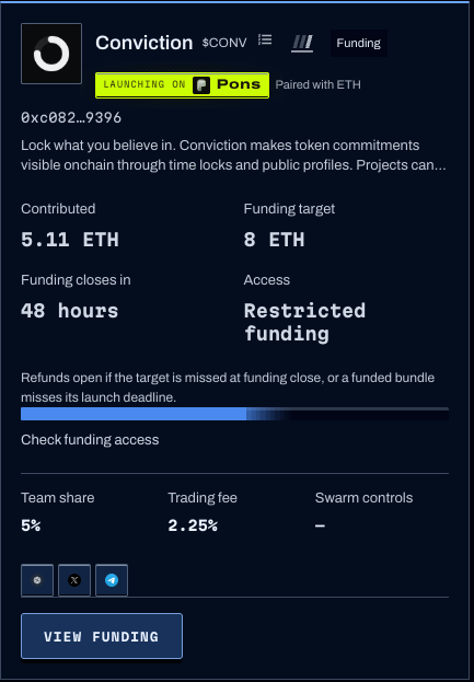 ConvictionLock's tweet photo. Only 29 of the top 100 $BUN holders are able to participate in the bundle sale.

We've received an overwhelming number of DMs asking for WL spots, but the contracts are immutable, so we can't add anyone else.

If we're unable to fully fund the raise within the time limit, we've already spoken to the @Moshdottrade gigachads about starting a new raise with adjusted params so that people with conviction can join.

https://t.co/HjcYZVALhU